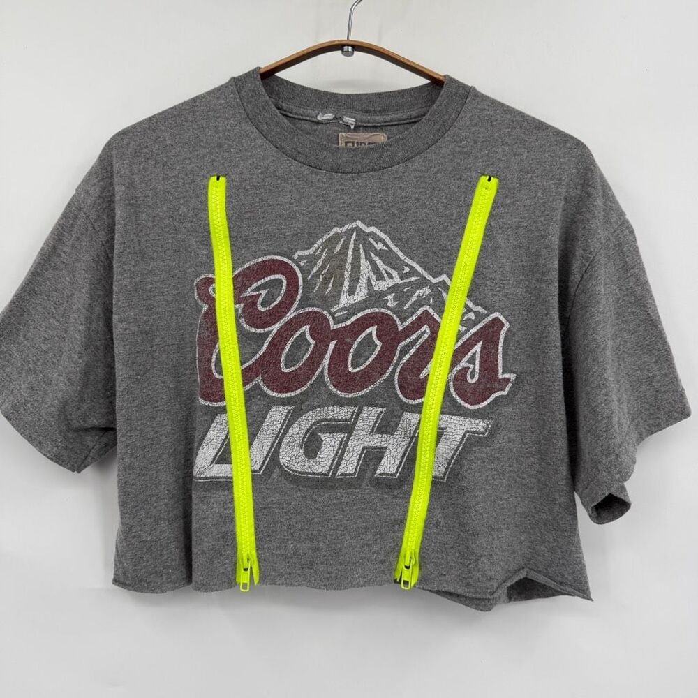 Furst of a Kind Coors Light Upcycled Cropped T-Shirt Gray Neon Zip Detail One Si
